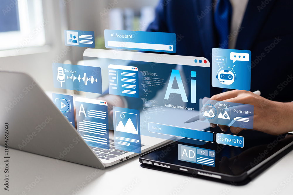 Poster ai, artificial intelligence, man uses laptop to access artificial intelligence tools for content cre