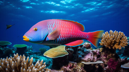 A brightly colored parrotfish is grazing on coral. Stock photo