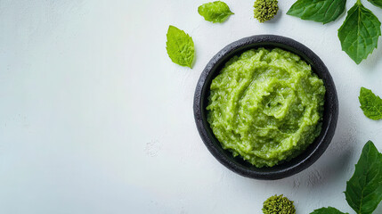 Obraz premium Fresh green wasabi paste served in black bowl, surrounded by green leaves, creates vibrant and appetizing presentation