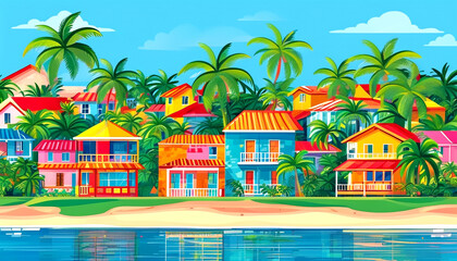 Vibrant coastal village with colorful houses nestled among palm trees