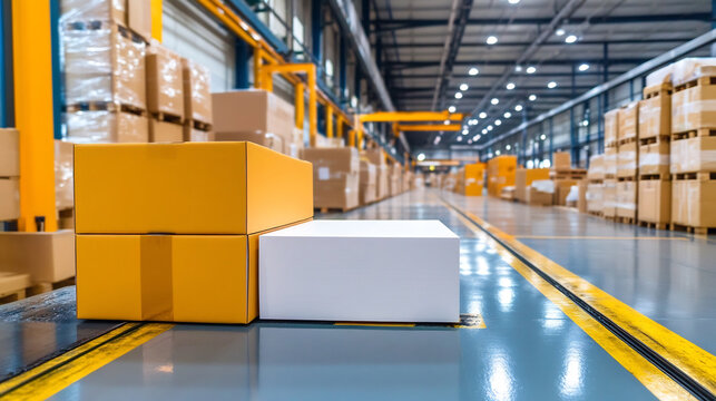 Modern Warehouse Interior with Stacked Boxes and Pallets for Logistics and Shipping