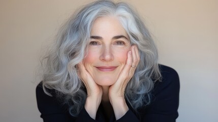 Naklejka premium A smiling senior woman with curly white hair resting her face on her hands against a soft beige background, radiating warmth and contentment.