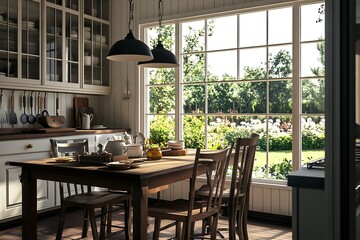 Obraz premium Sunlit Farmhouse Kitchen Table With Garden View