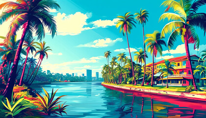 Vibrant tropical landscape showcasing a serene river at midday under a clear sky