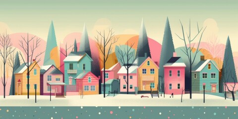 Fototapeta premium Colorful houses with snow on rooftops stand among bare trees under a soft sky, creating a tranquil winter scene.