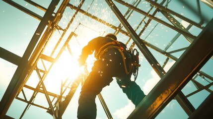 Worker Welding Metal Structure with Sparks in Action
