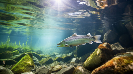 A rainbow trout swimming underwater in a fast-flowing stream.




