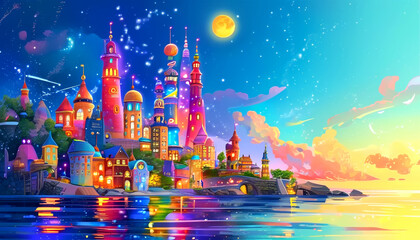 Obraz premium Colorful fantasy city illuminated by glowing moonlight near tranquil waters