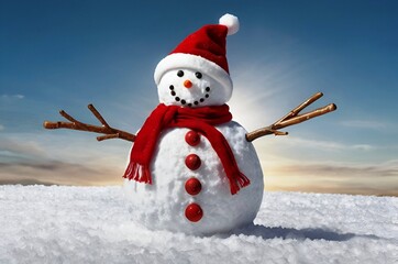 Obraz premium Cheerful snowman, standing tall in a pile of snow, basks in the winter sun.