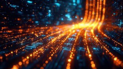 Naklejka premium Fiber optic cable, celestial ascent, intricate, glowing patterns, sacred symbols, Matrix influence, futuristic digital art, view from the side, ethereal glow, digital medium