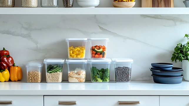 A clean white countertop with neatly arranged meal prep containers filled with colorful healthy ingredients like vegetables, grains, and proteins, promoting organized meal preparation 