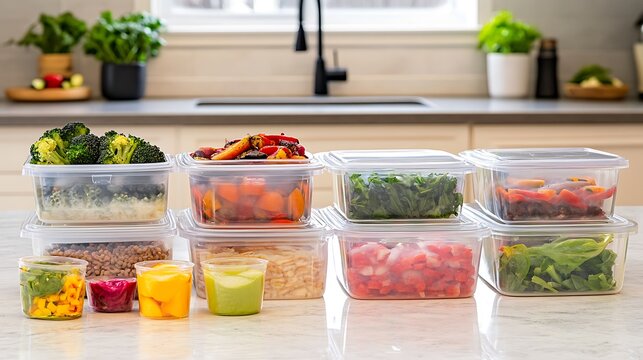 A clean white countertop with neatly arranged meal prep containers filled with colorful healthy ingredients like vegetables, grains, and proteins, promoting organized meal preparation 