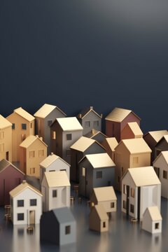 Colorful tiny houses sit among stacks of coins, emphasizing wealth and affordable living.