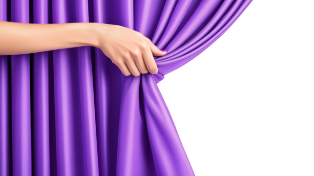 Woman hand open purple stage curtain isolated on transparent background