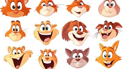 Fototapeta premium A collection of cheerful cartoon animal faces, each with unique expressions, drawn on a white background for playful designs 