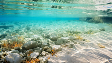 A tranquil beach scene, coral reef and sea