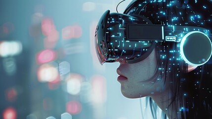 Fototapeta premium Woman artificial intelligence. Human interaction with artificial intelligence. Digital face of a woman. Augmented reality.