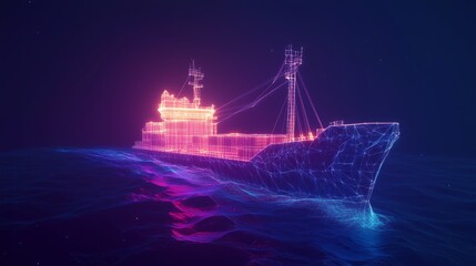 Obraz premium Abstract cargo ship with glowing containers, highlighted structural lines, sailing on a digital ocean under a dark blue background.