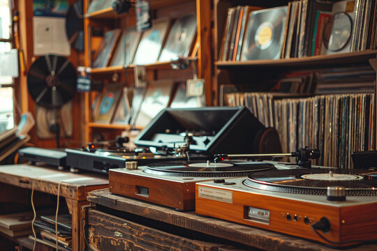 Person look vinyl records in retro music store, surrounded by various music genres classic CDs tapes vintage musical instruments, Generative AI