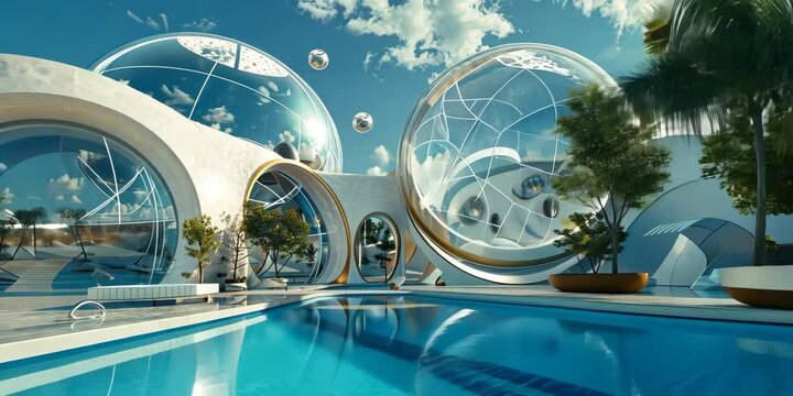 Futuristic utopia governed by empathy and equality, where advanced AI ensures universal healthcare and education, under a dome of clear blue skies, 4K Video