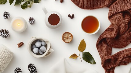 A flat lay of winter essentials like a knitted scarf, a cup of tea, and holiday candles on a white background, evoking seasonal warmth 