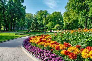 Colorful flower garden in a serene park setting during daytime