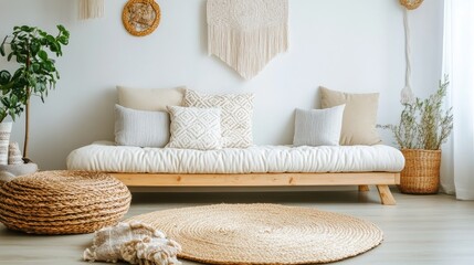 Bright and inviting living room showcasing natural wood furnishings, comfortable decor, and stylish woven elements for a cozy aesthetic.