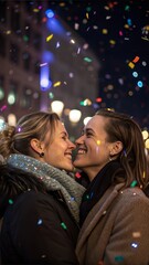 Smiling women celebrating with confetti under city lights