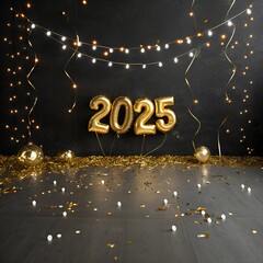 Golden "2025" balloons with confetti and string lights