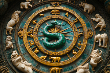 Obraz premium Art merging zodiac symbols and mythical creatures with a serpent