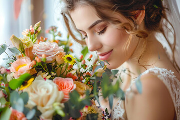 Generative AI Portrait of Bride with Floral Bouquet in Florist Concept