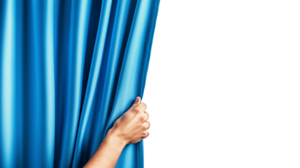 Hand opening blue stage curtain isolated on transparent background