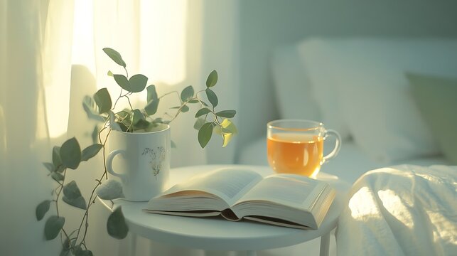 A serene bedroom setup with soft lighting, a book, and a cup of herbal tea on a white bedside table, promoting better sleep hygiene 