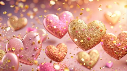 Obraz premium Glittery Pink and Gold Hearts with Confetti on a Soft Pink Background for Festive Celebrations and Romantic Occasions