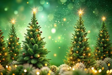 Fototapeta premium Green Christmas Background with Decorated Trees and Blank Greeting Card Space Perfect for Holiday Greetings, Cards, and Festive Designs in a Cozy Atmosphere