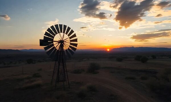 Silhouette of a windmill at sunset in a rural setting.