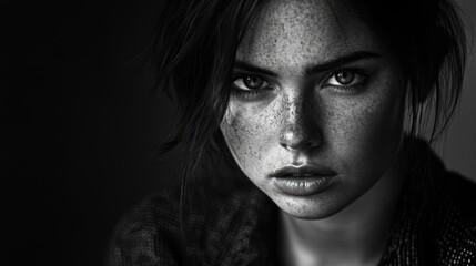 Fototapeta premium Melancholic expression of a striking woman in a monochrome portrait