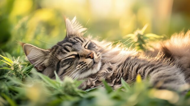 Large Maine Coon cat reclines on hemp leaves CBD oil serves as a sedative and pain relief in veterinary care