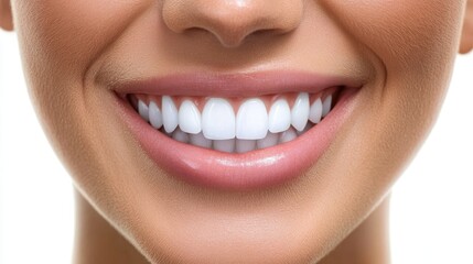 Obraz premium Smiling woman showcasing her bright clean teeth against a white background