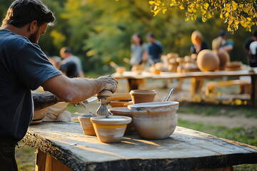 Crafting clay creations in a serene outdoor pottery workshop
