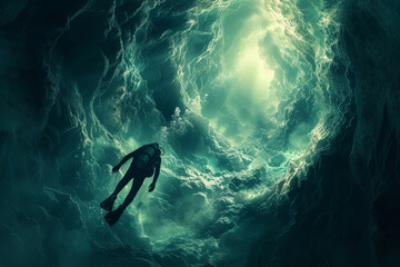 Naklejka premium Scuba diver explores deep underwater cave illuminated by rays of sunlight showcasing beauty and mystery of ocean representing adventure and allure of underwater world