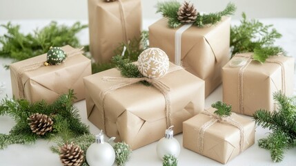 Creative Christmas gift wrapping ideas featuring handmade gifts on a white table adorned with green decorations showcasing simple techniques for wrapping with brown paper