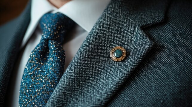 Close up of a businessman s stylish tie knot and distinctive lapel pin