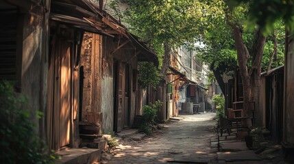 Fototapeta premium A narrow street featuring a few wooden structures and nearby trees