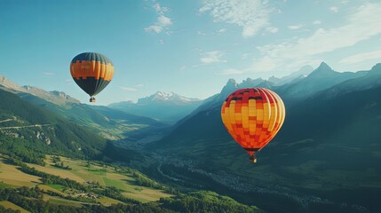 Fototapeta premium Hot Air Balloons Soaring Over Majestic Mountain Valley