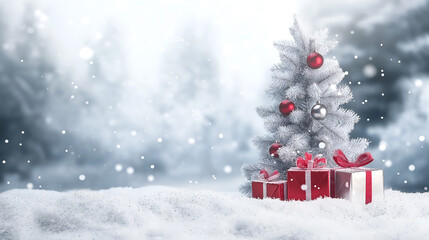 Obraz premium Christmas tree and snow background. Gorgeous elegant Christmas tree with gifts in red and silver on a panoramic snow background