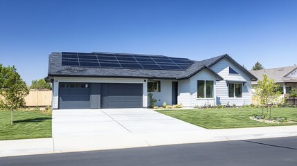 Modern house with solar panels, green lawn, two car garage, suburban home, eco-friendly home exterior, energy efficiency