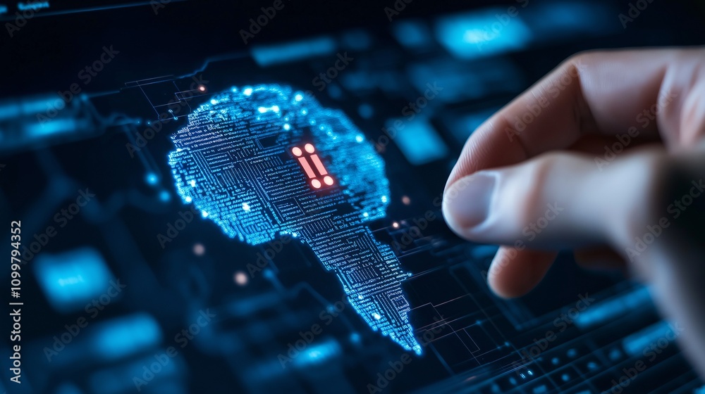 Poster concept of artificial intelligence represented by neural network visualization with human hand inter