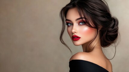 Fototapeta premium Elegant woman with exposed shoulders showcasing stylish hairstyle and vibrant makeup