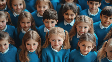 Fototapeta premium white, caucasian primary school kids, wearing blue jumpers, full school photo